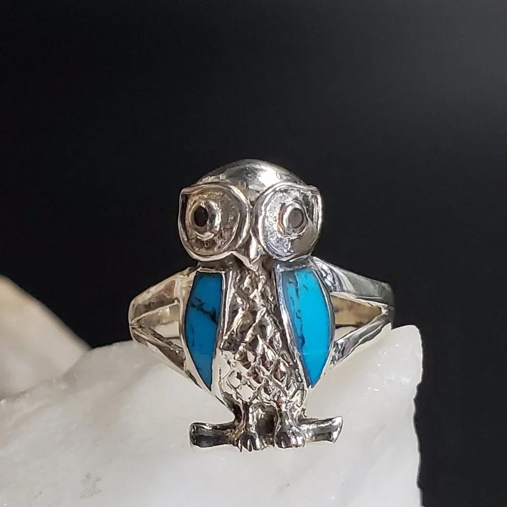 Sterling Silver 925 Ring Turquoise Stone Owl Jewelry Bird Designer Jewelry